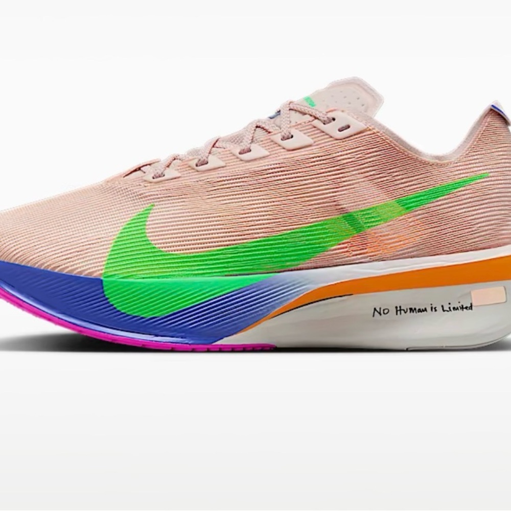 Nike Women’s Pink Running Sneakers with Green Swoosh and Purple Outsole